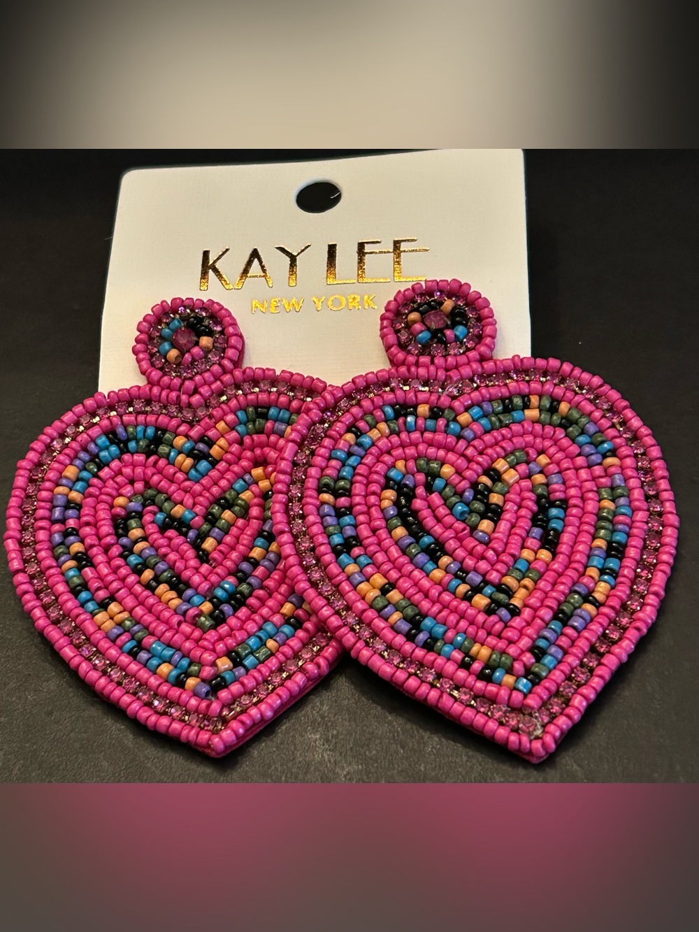 Kay Lee Pink Multicolor Hand Beaded Boho Heart 🩷 Design Drop Earrings